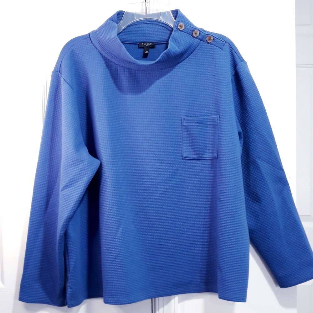Talbots Top Long-Sleeve with Button Detail Blue Crew Neck Plus Size 2X